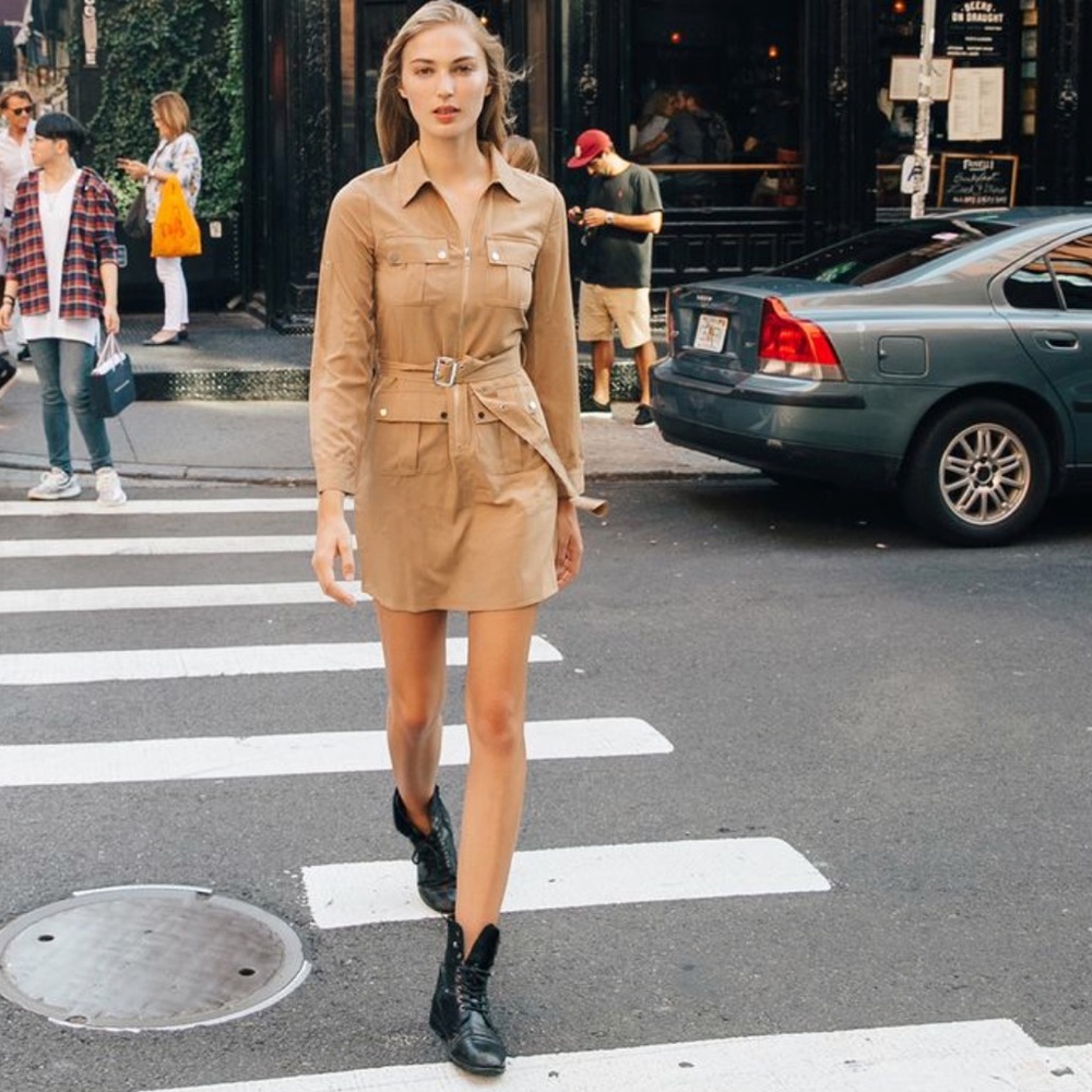 Belted Zip Up Multi Pocket Boyfriend Shirt Dress - Picture 5 of 6